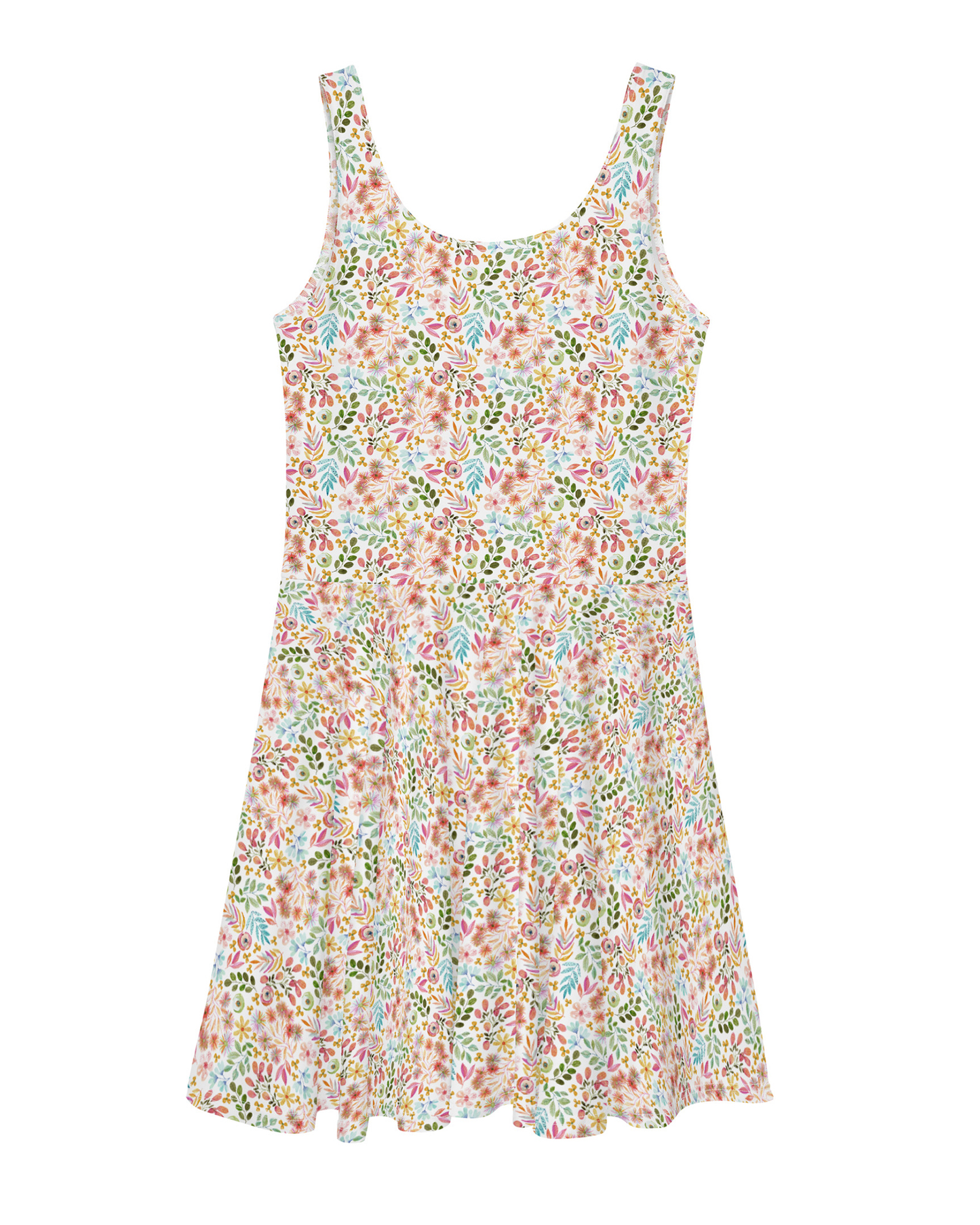 Garden Gala small pastel floral printed sleeveless dress with a scoopneck, back view pictured flat on white background