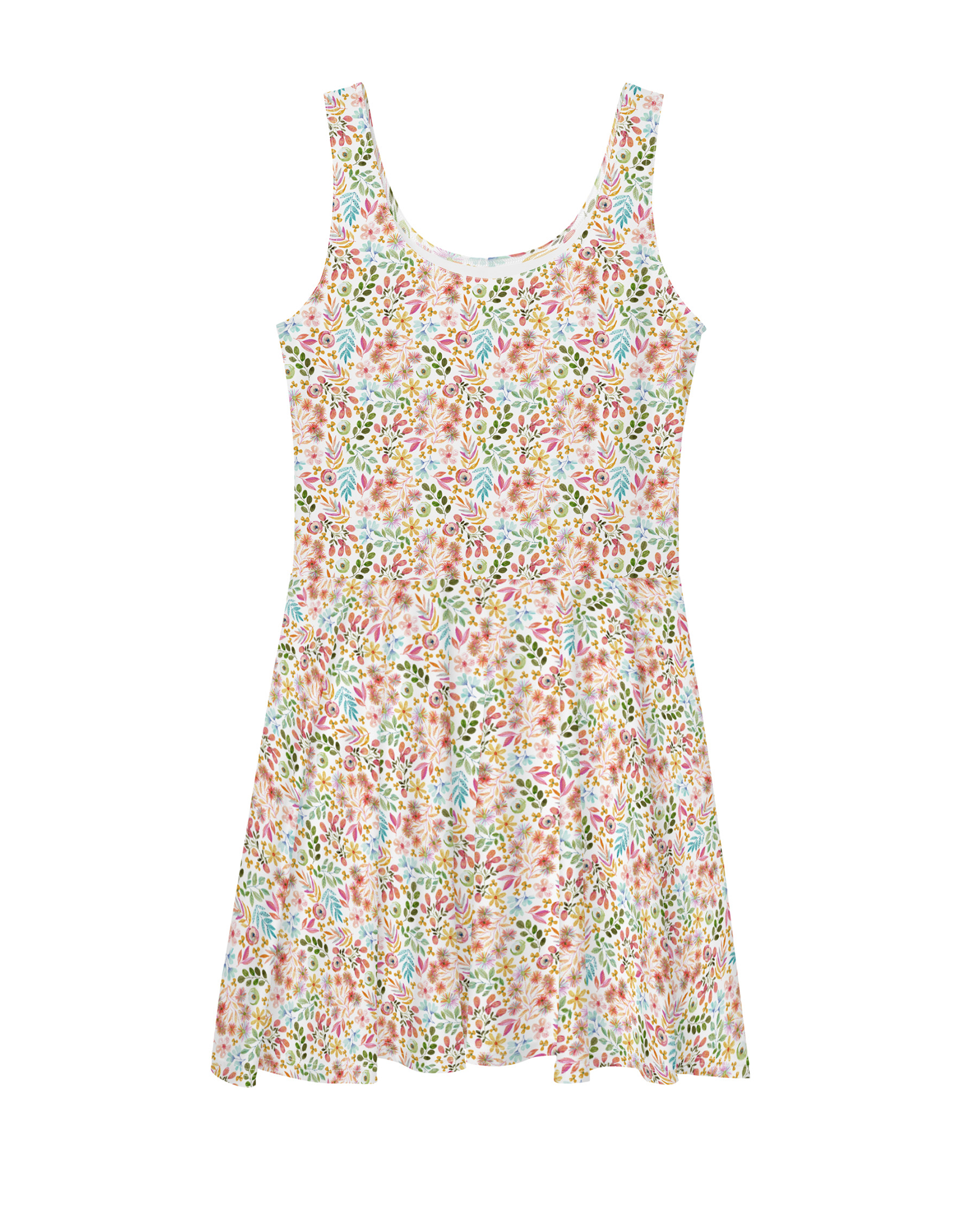 Garden Gala small pastel floral printed sleeveless dress with a scoopneck, pictured flat front view on white background