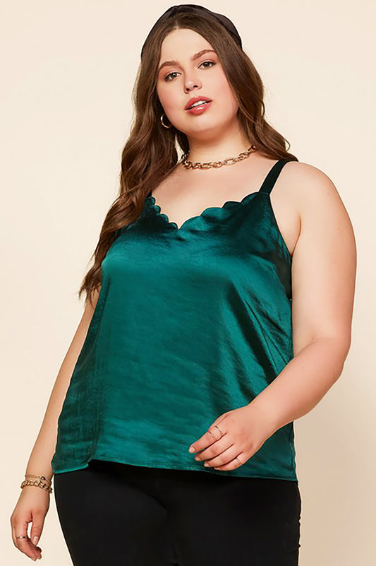Belle and Broome Joy satin scalloped cami in emerald green on model front view