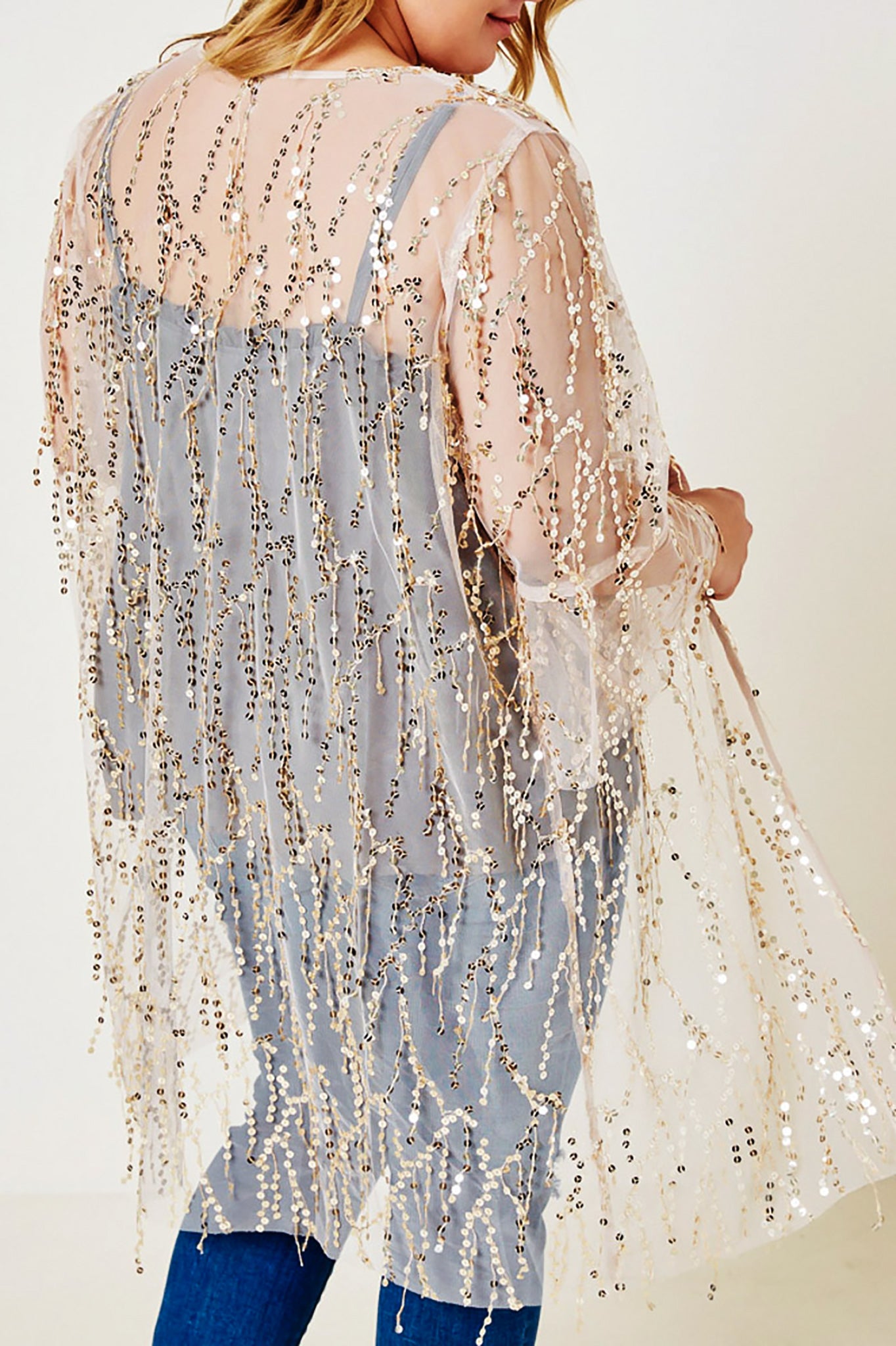 Belle and Broome Sparkle sequin kimono duster over cami back view on model