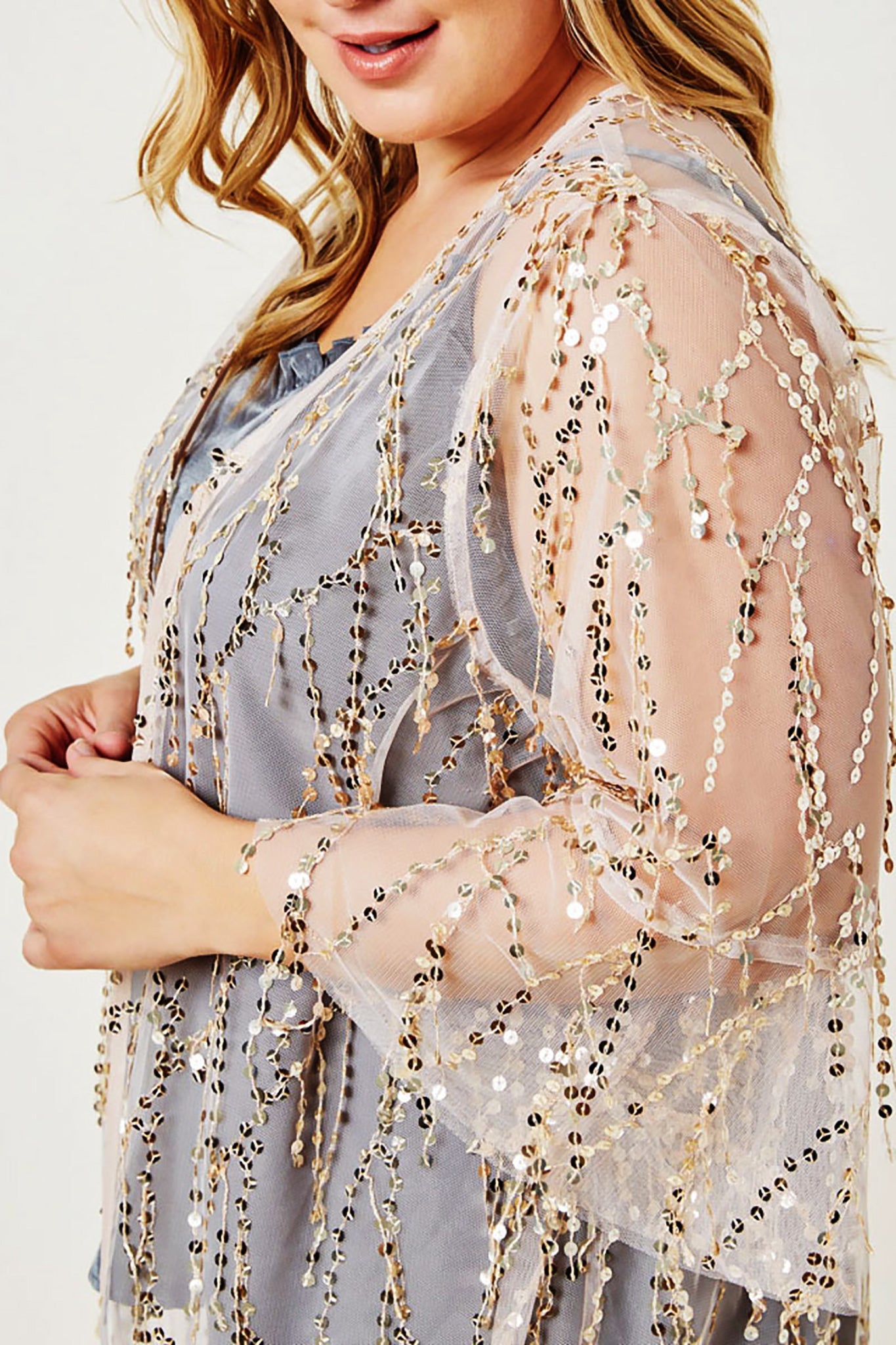 Belle and Broome Sparkle sequin kimono duster close-up bell sleeve view on model