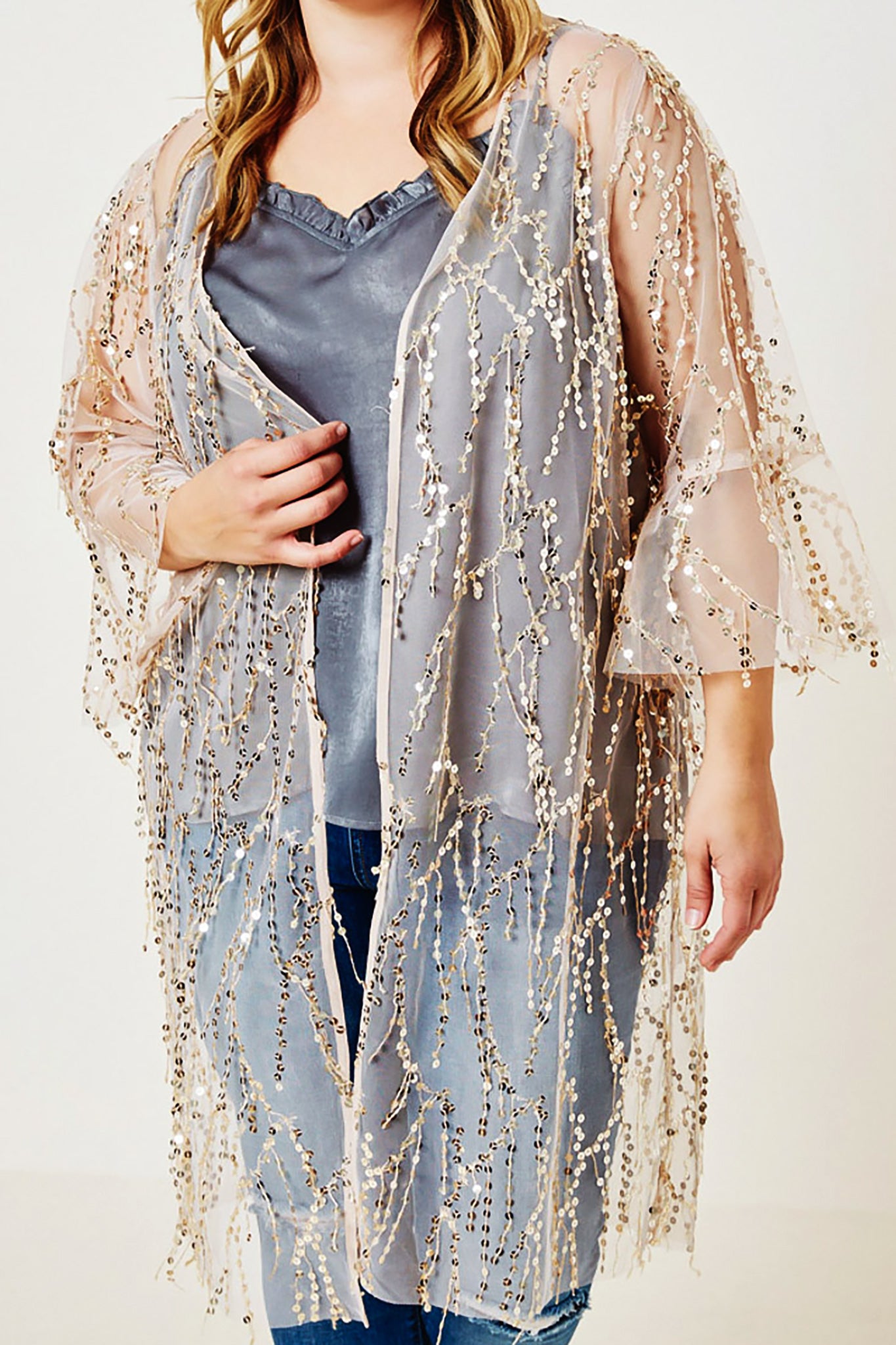 Belle and Broome Sparkle sequin kimono duster over cami front view on model