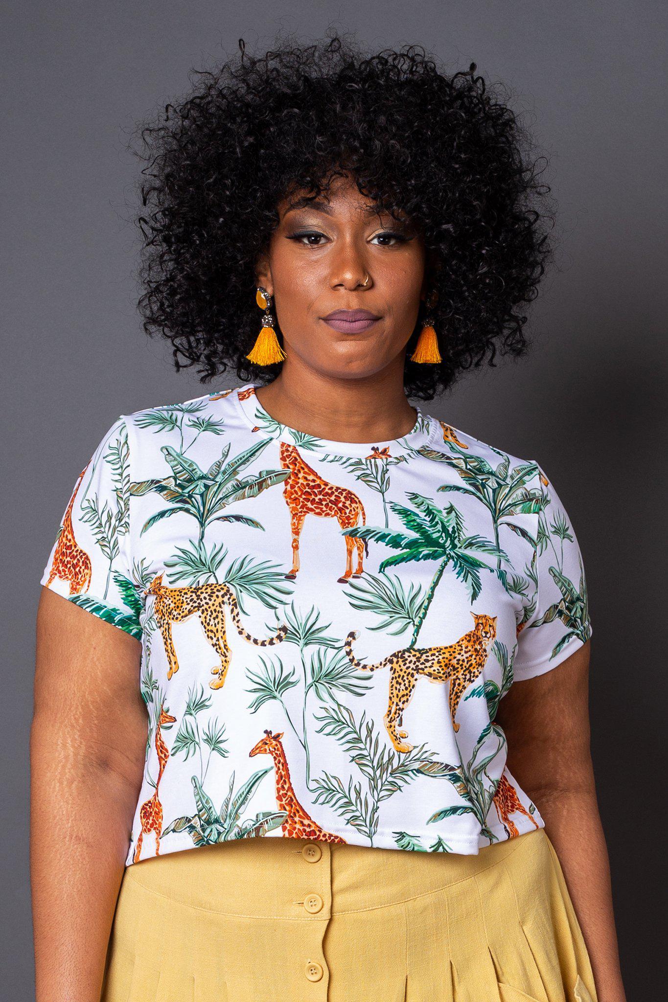 Belle and Broome jungle print crop tee-Front close-up view on model