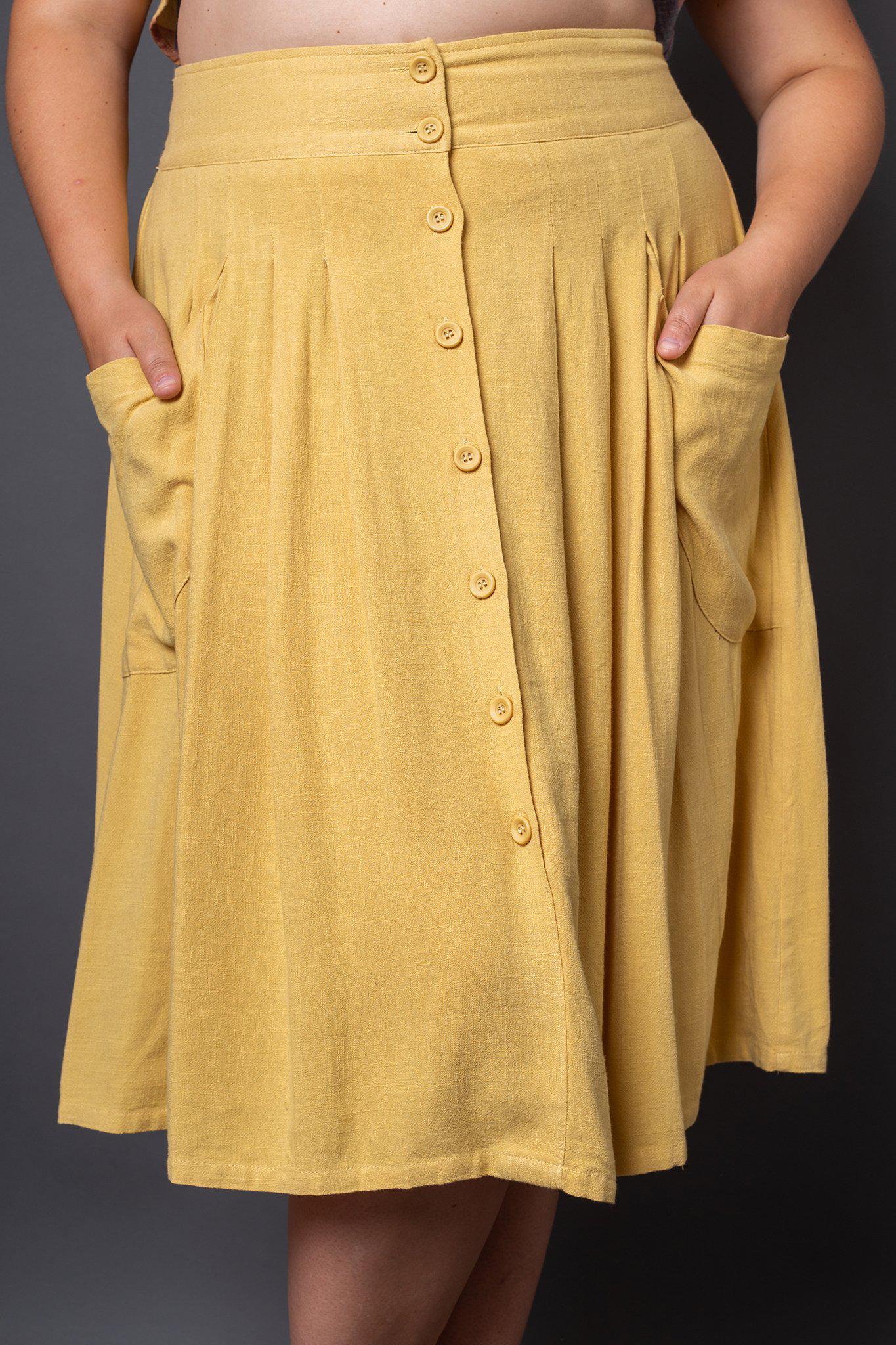 Claire Yellow Button-Front Midi Skirt- Front view on model