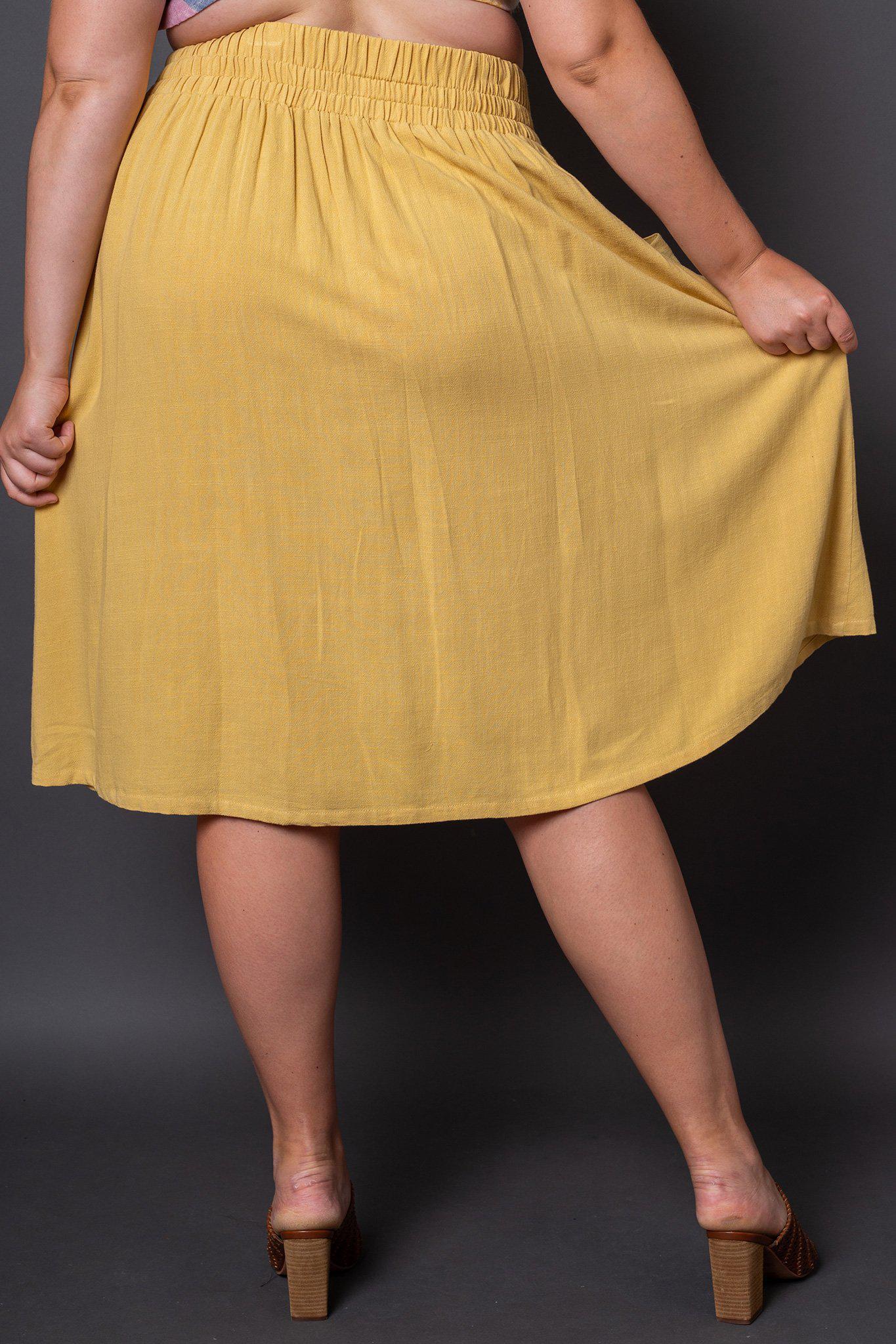 Claire Yellow Button-Front Midi Skirt- Back view on model