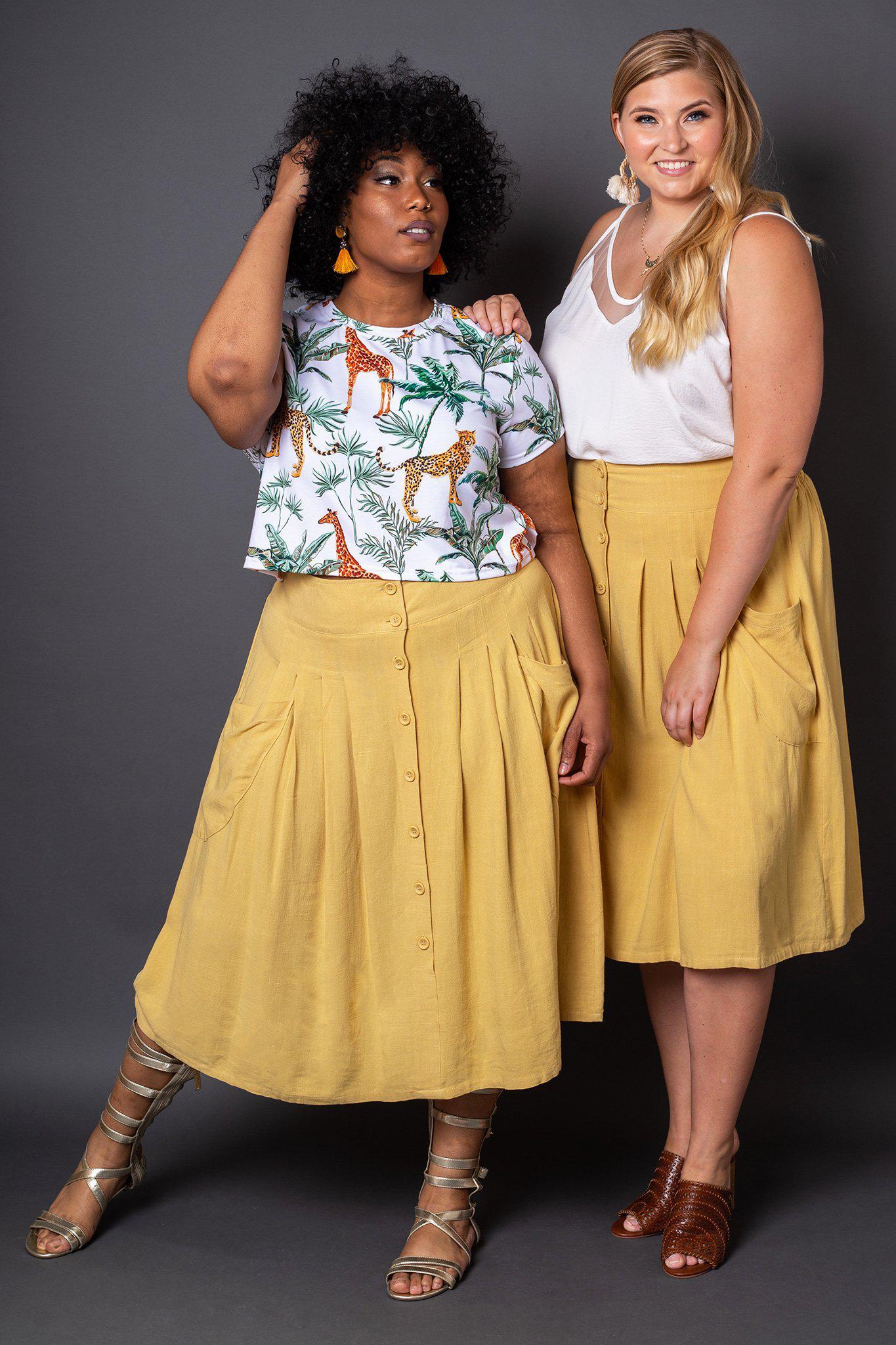 Claire Yellow Button-Front Midi Skirt- Full outfits on two models standing together
