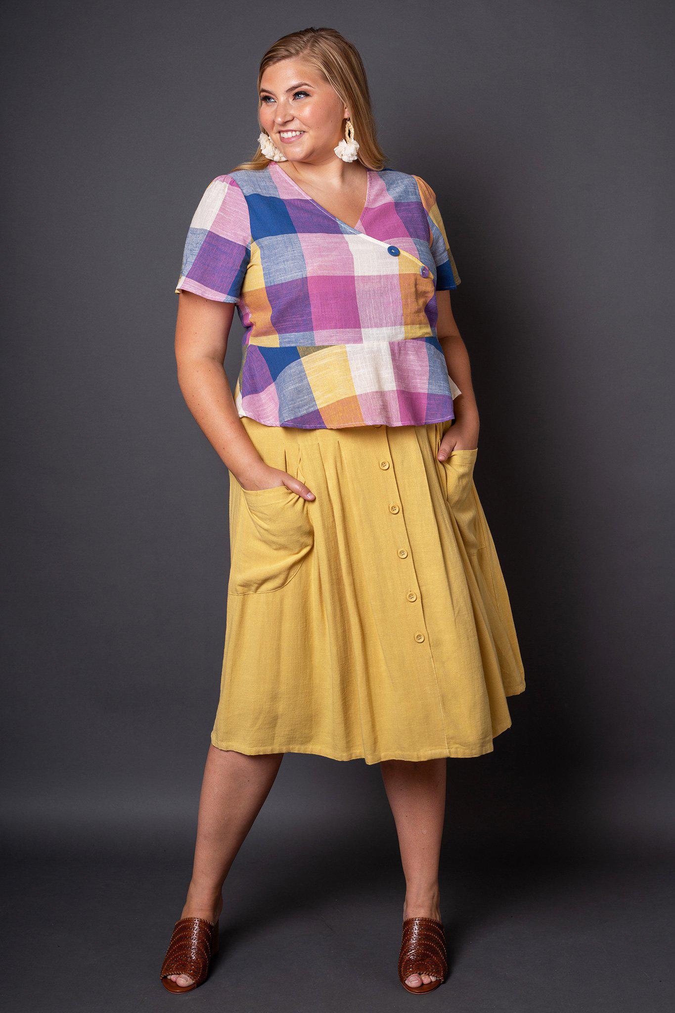 Claire Yellow Button-Front Midi Skirt- Full outfit view on model with blonde hair