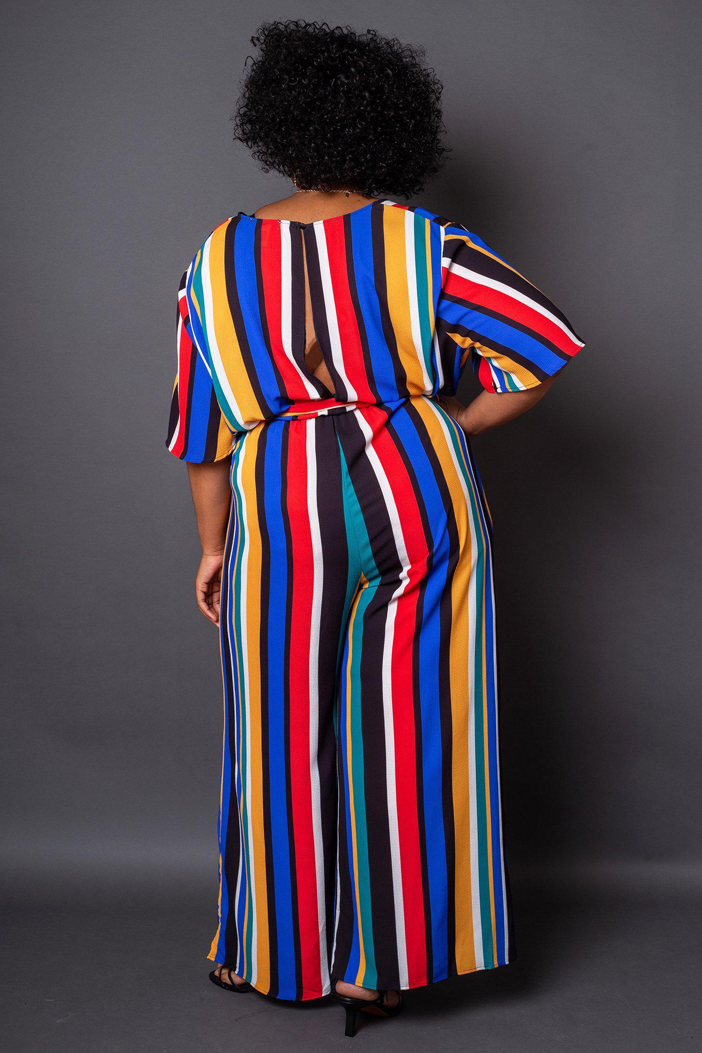 Havana Colorful Stripe Wrap-Front Jumpsuit- Back View on Model