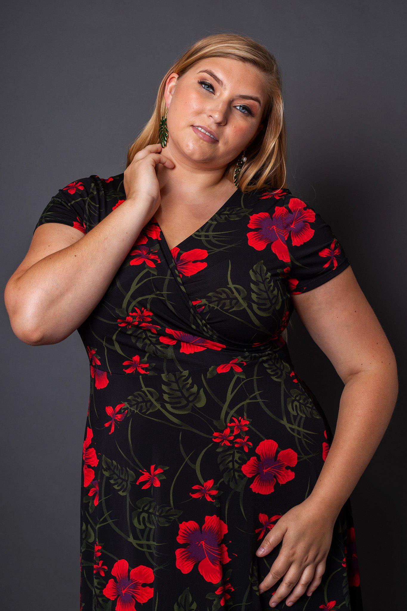Holly Fit and Flare Floral Dress close-up view on model