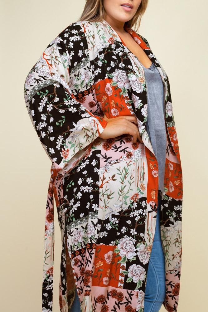 Kyoto Floral Patchwork Kimono close-up view on model