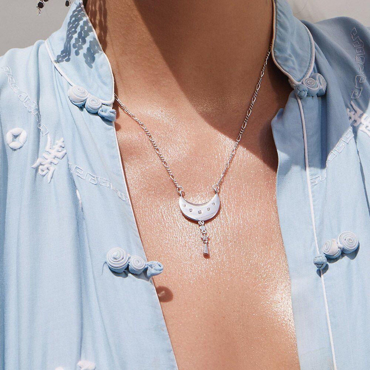 Luv AJ Celestial Moon Charm Necklace in Silver on model