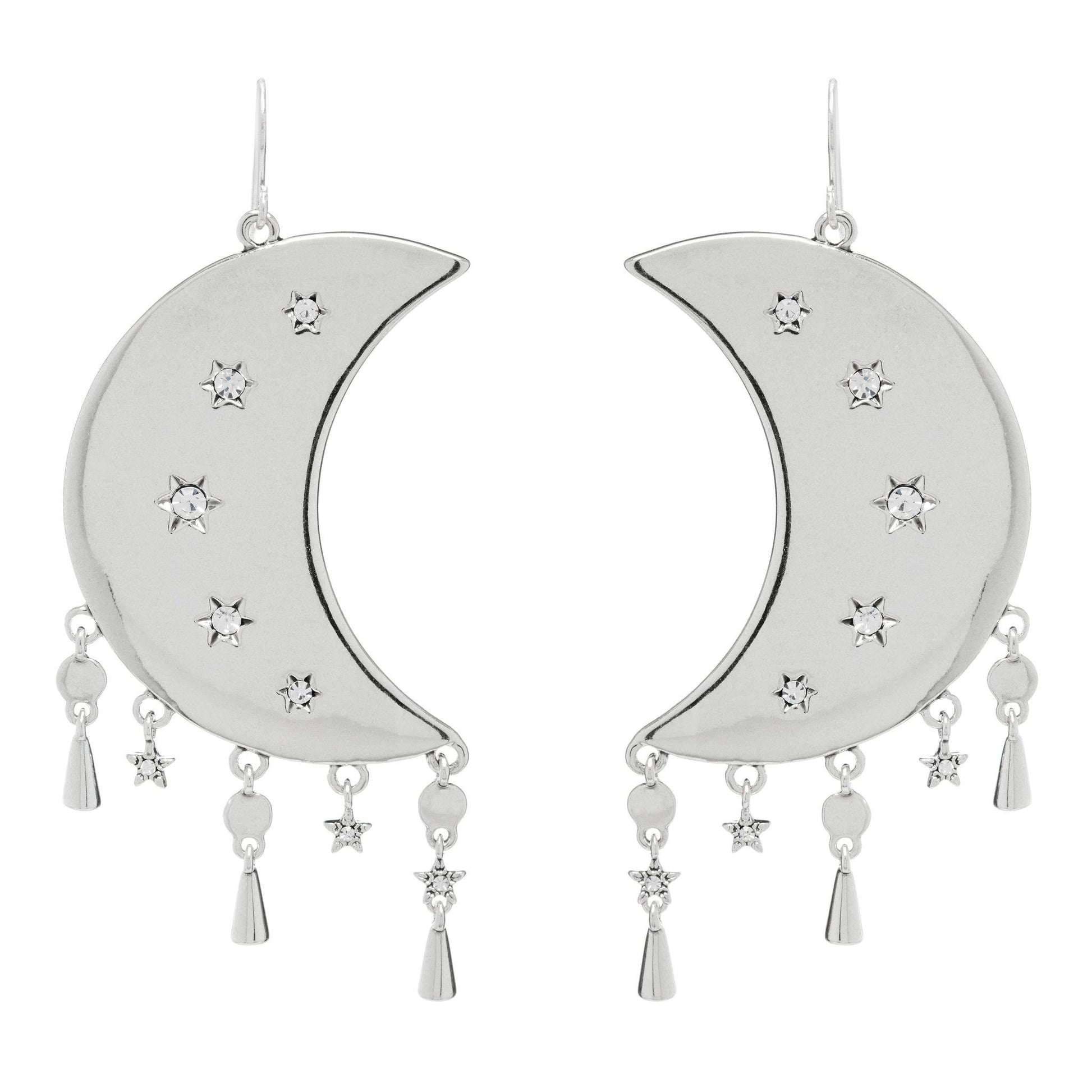 Luv AJ Celestial Statement Moon Earrings in Silver on white background