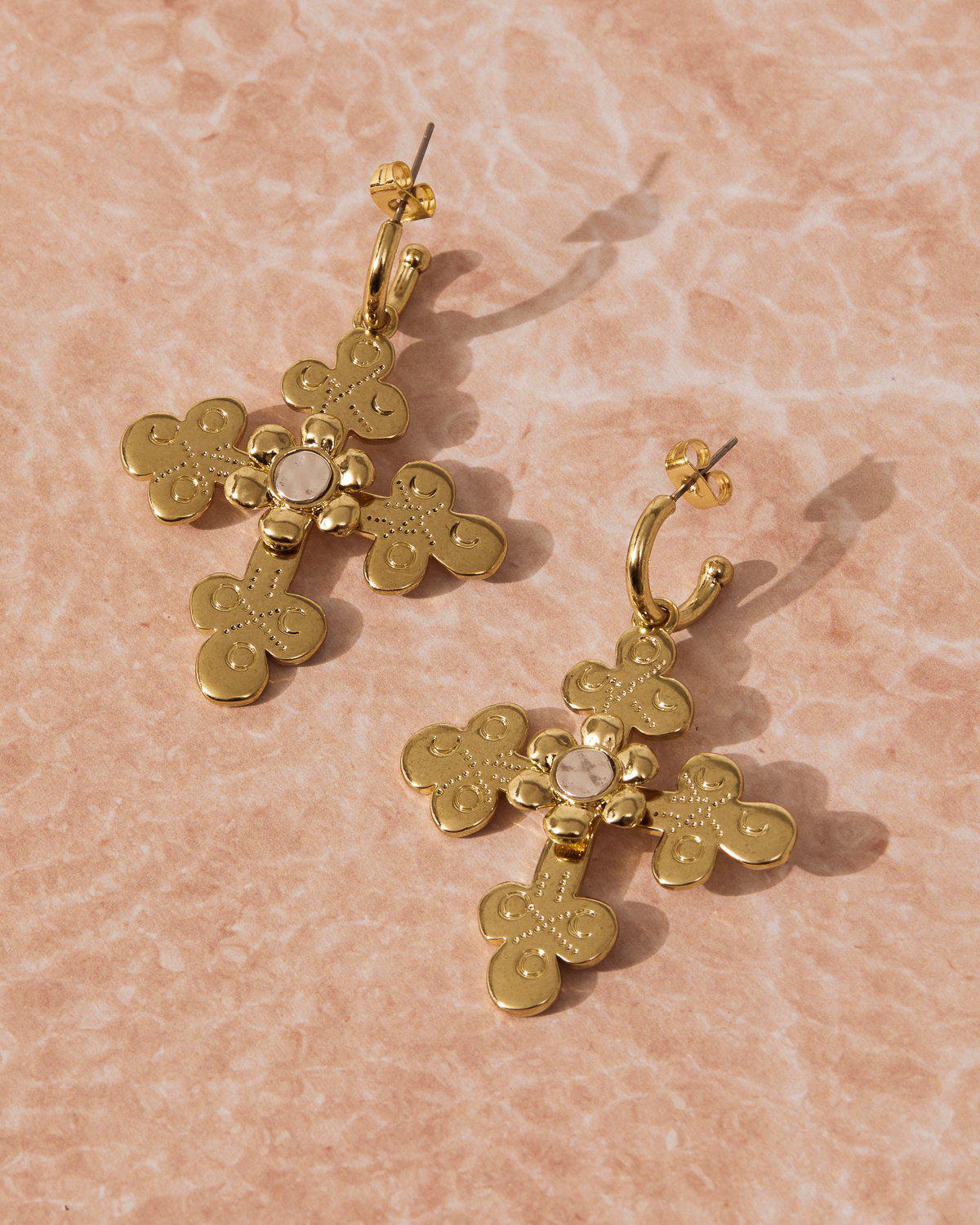 Luv AJ Etched Flora Cross Earrings-earring, jewelry, earrings-Belle and Broome