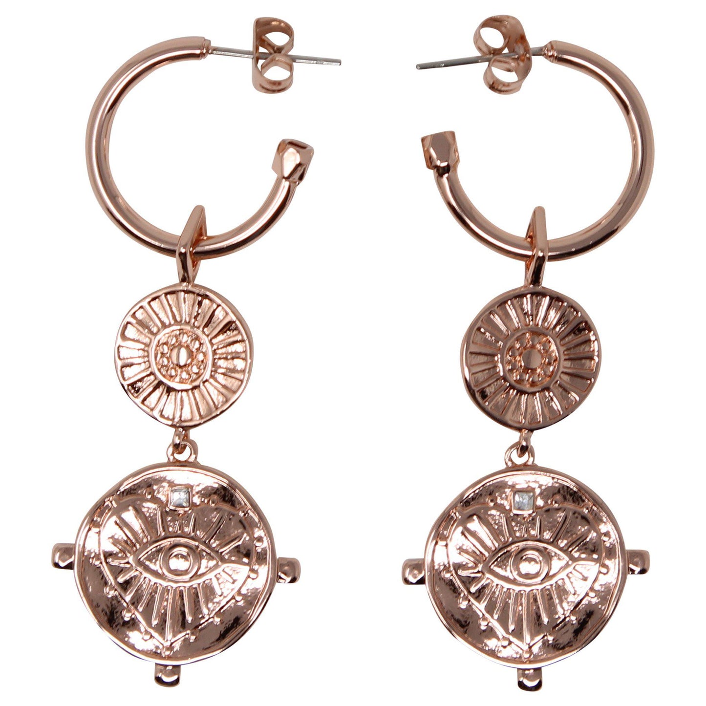 LUV AJ EVIL EYE coin drop earrings rose gold front view