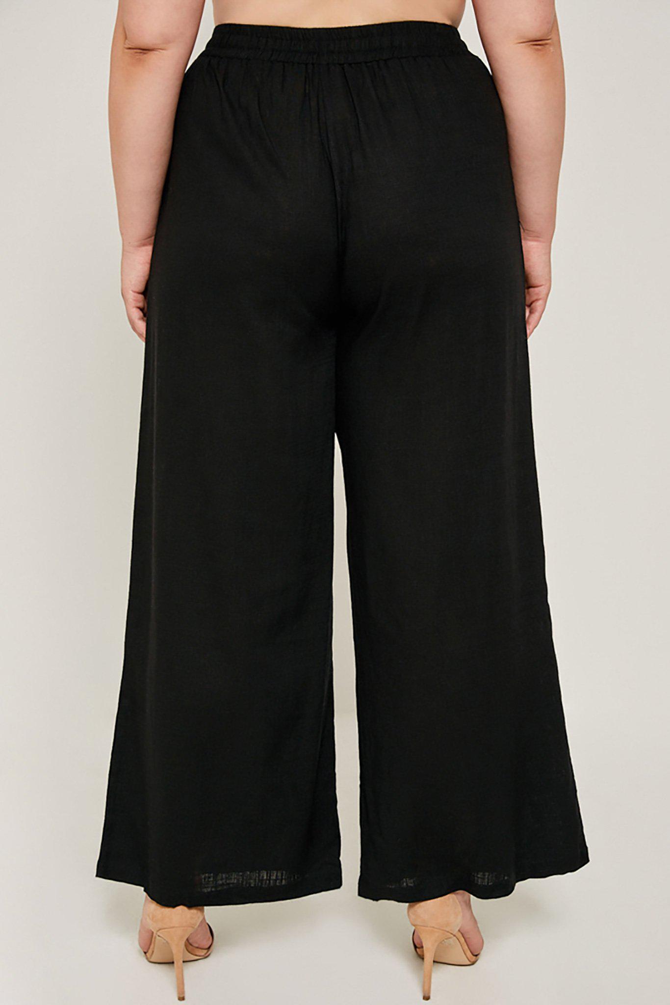 Plus-size wide leg black Madison pant close-up back view on model