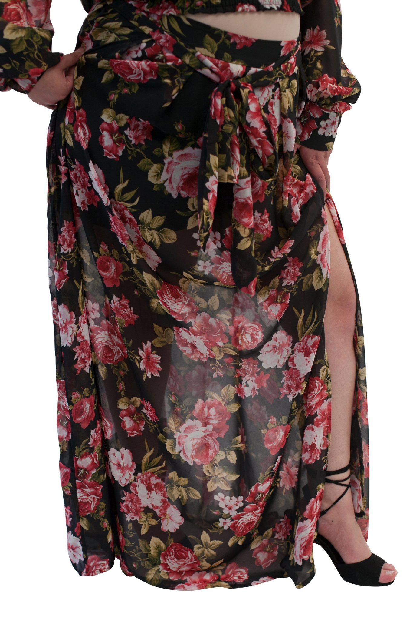 PRIMROSE black floral chiffon maxi skirt front view