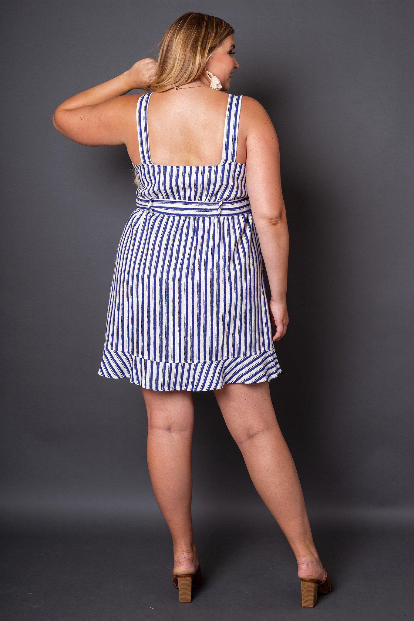Sabine Blue and White Striped Button Sun Dress- back view on model