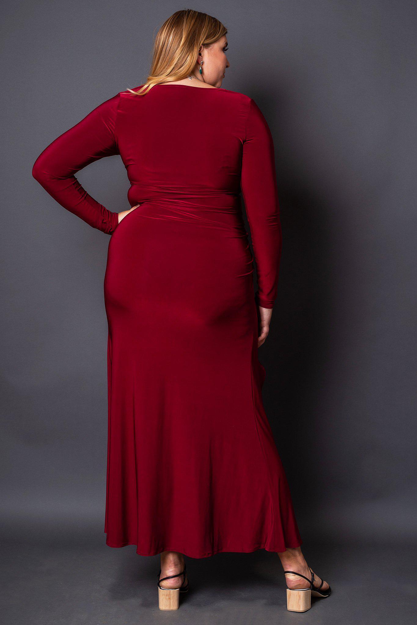 Vixen Burgundy High-Slit Maxi Dress back view on model