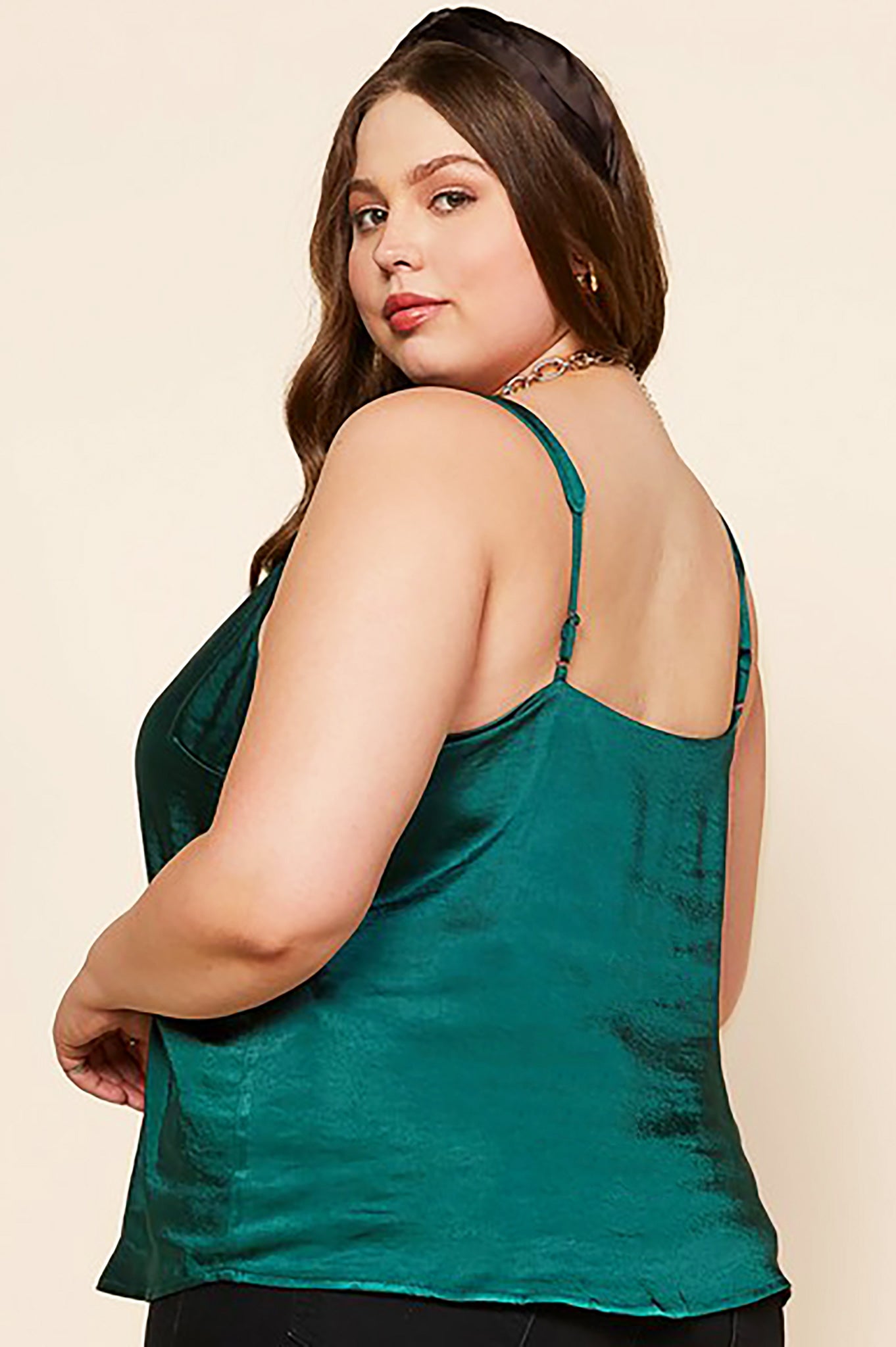 Belle and Broome Joy satin scalloped cami in emerald green on model back view