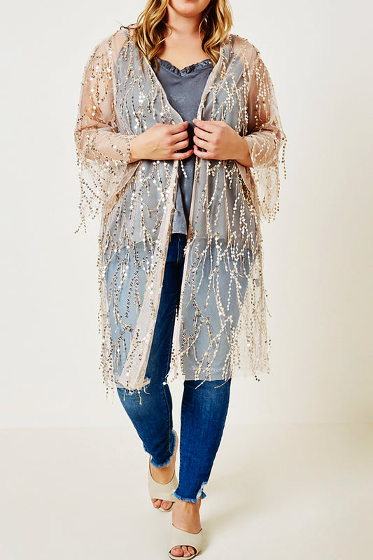 Belle and Broome Sparkle sequin kimono duster over cami and jeans full outfit on model