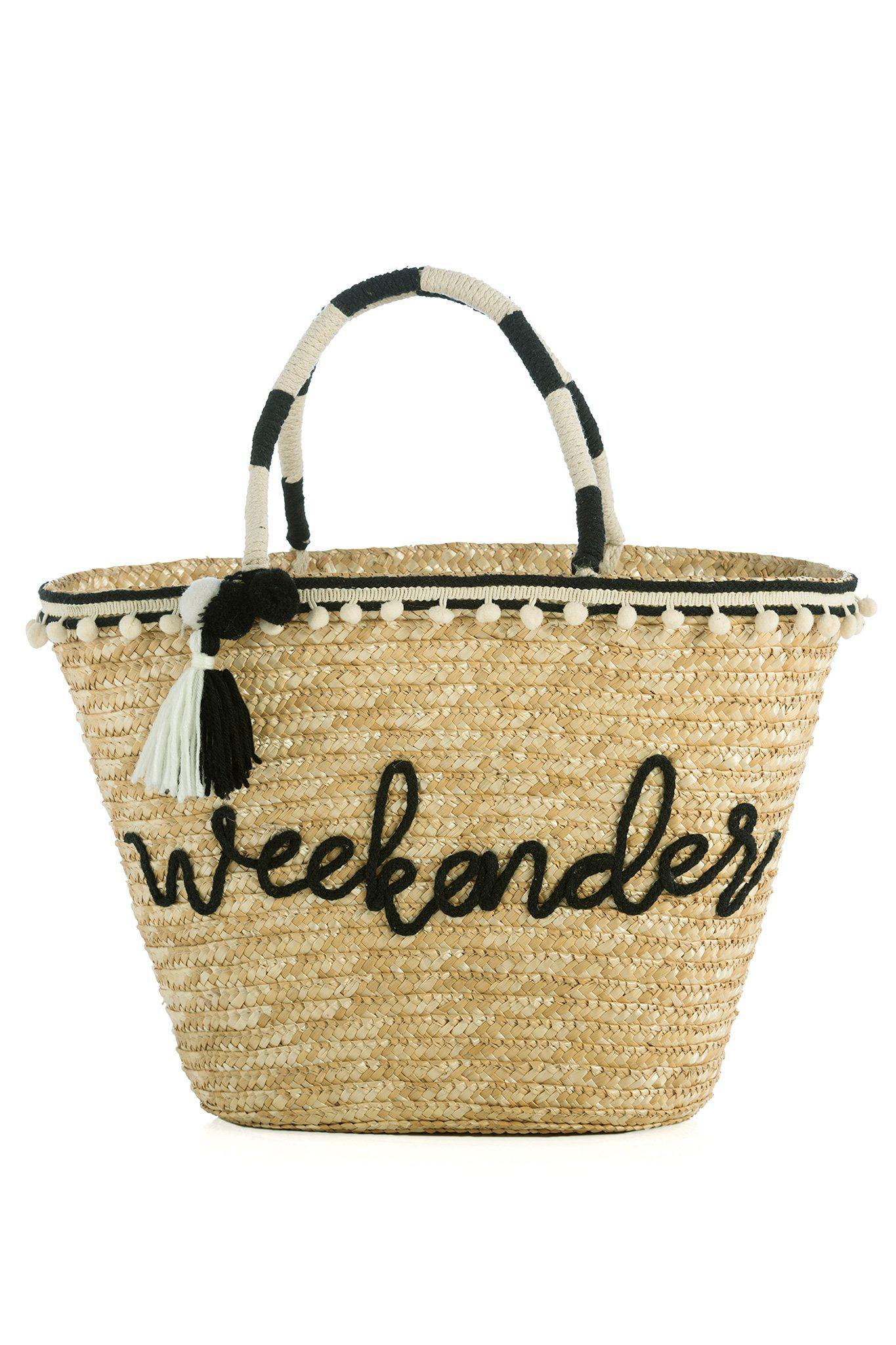 Weekender Straw Tote Bag on white background