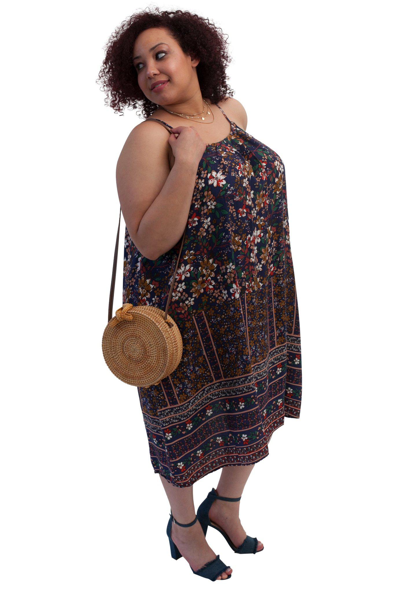 WILLOW navy floral camisole dress side view with BALI bag