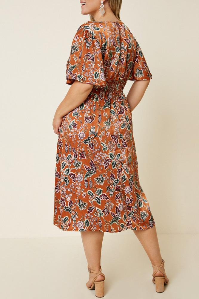 Woodstock Floral Satin Smock-Waist Midi Dress back view on model