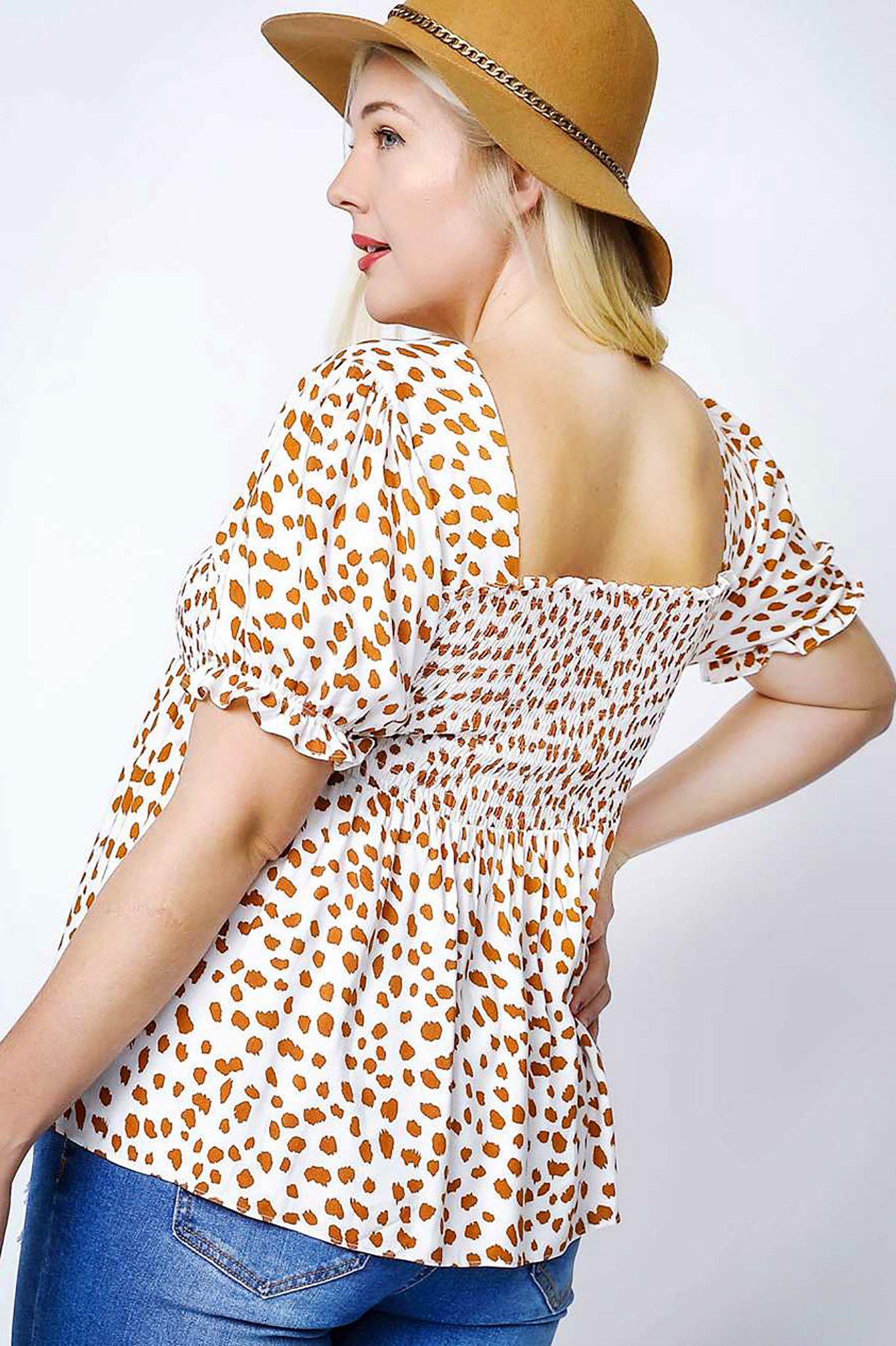 Zahara plus-size smocked puff sleeve top back view on model